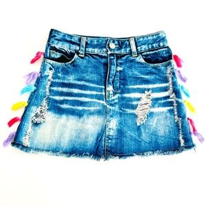 FLOWERS BY ZOE Lux Distressed Acid Wash Denim Skirt w/ Tassel Trim - SO CUTE!